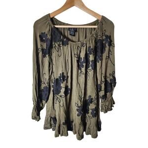 LIV Olive Green Black Bell Sleeve Boho Hippie Festival Top SZ M